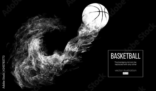 Abstract silhouette of a basketball ball on dark black background from particles, dust, smoke, steam. Basketball player, ball is flying. Background can be changed to any other. Vector illustartion