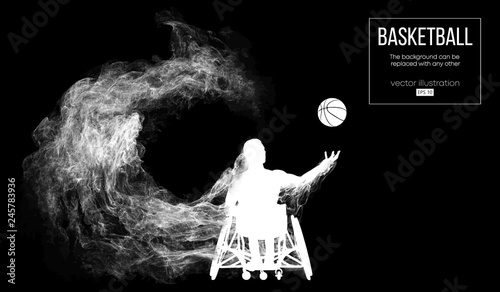 Abstract silhouette of a basketball player disabled on dark black background from particles, dust, smoke, steam. Basketball player performs throw a ball. Background can be changed to any other. Vector