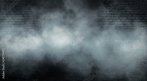 Background of empty dark room with brick walls, illuminated by neon lights with laser beams, smoke