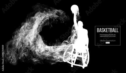 Abstract silhouette of a basketball player disabled on dark black background from particles, dust, smoke, steam. Basketball player performs throw a ball. Background can be changed to any other. Vector