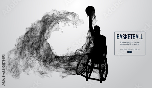 Abstract silhouette of a basketball player disabled on white background from particles, dust, smoke, steam. Basketball player performs throw a ball. Background can be changed to any other. Vector