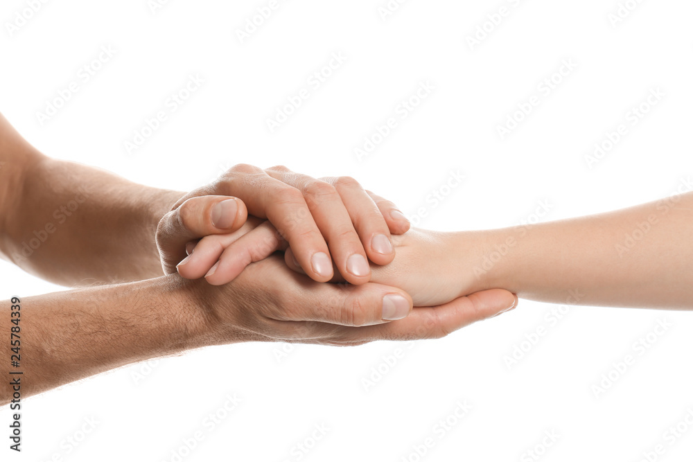 Man comforting woman on white background, closeup of hands. Help and support concept