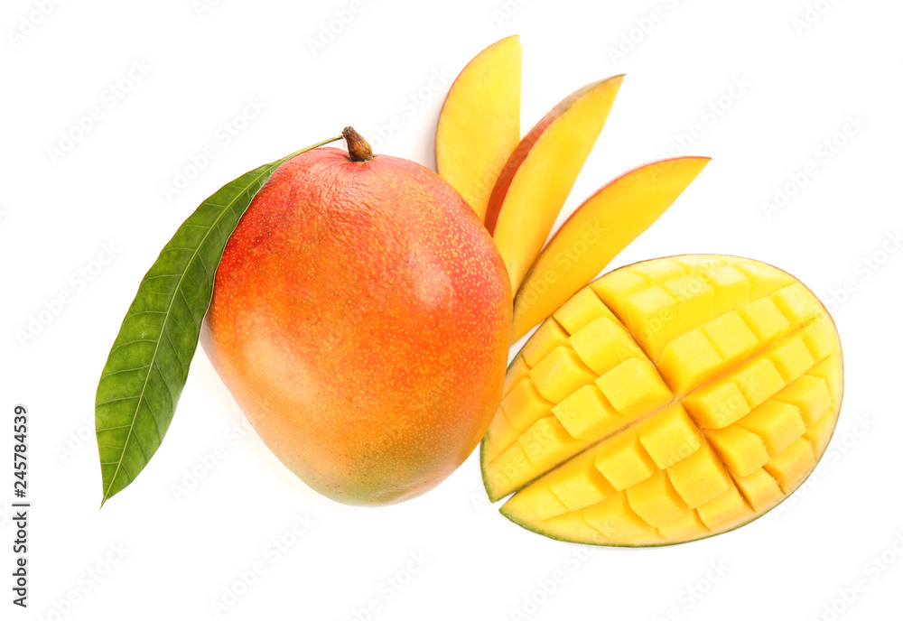 Delicious ripe mangoes on white background, top view Delicious ripe mangoes on white background, top view
