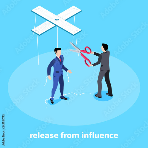 Isometric image on a blue background, a man in a business suit on threads like a marionette, scissors  as a symbol of liberation from shackles