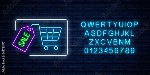 Neon glowing sale sign with shopping cart and tag with alphabet. Luminous advertising signboard