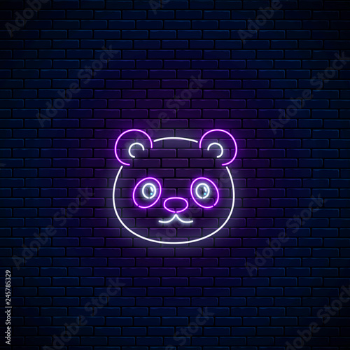 Glowing neon sign of cute panda in kawaii style. Cartoon happy smiling panda in neon style.