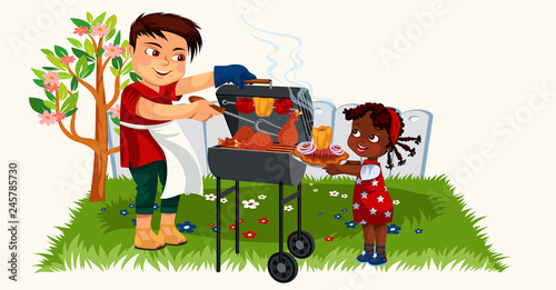 Cartoon lovely father cooking for little daughter
