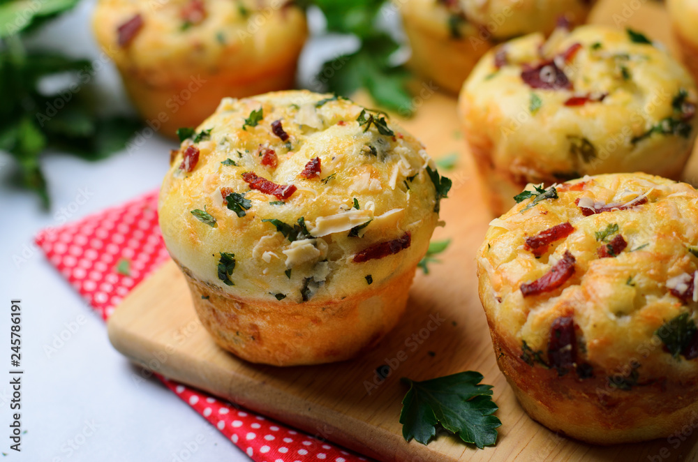 Savory Muffins with Cheese and Bacon, Freshly Baked Tasty Snack Savory Muffins with Cheese and Bacon, Freshly Baked Tasty Snack