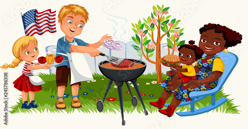 Happy american family cooking barbeque outdoors at home