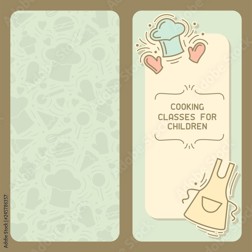 Cooking classes for children card with vintage decor and text place. Doodle style vector illustration. Suitable for advertising, master class invitation or book design
