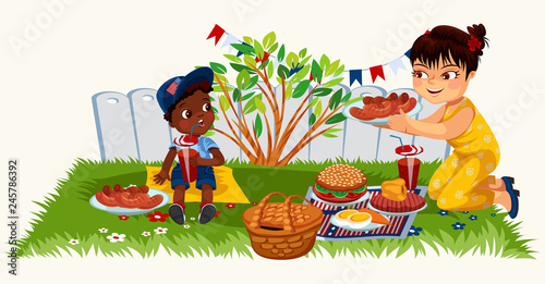 Cute cartoon mother with kid resting on green grass