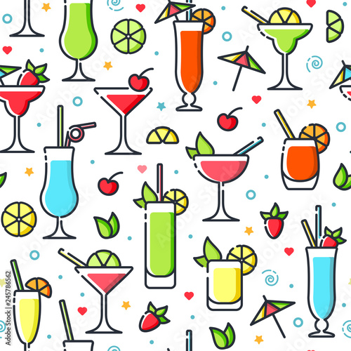 Seamless patern with different alcohol cocktails. Cartoon style vector illustration. Suitable for wallpaper, wrapping or textile