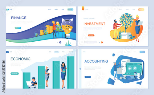 Set of landing page template for Finance, Investment, Accounting, Economic Growth. Modern vector illustration flat concepts decorated people character for website and mobile website development.