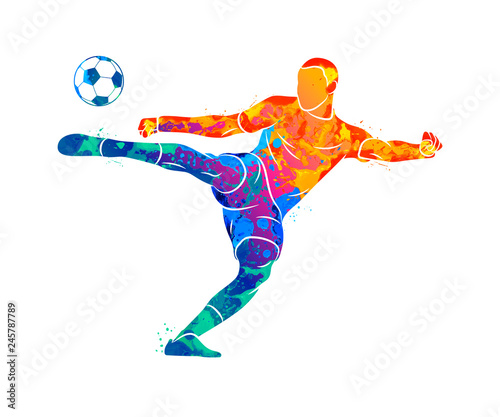 Abstract professional soccer player quick shooting a ball from splash of watercolors