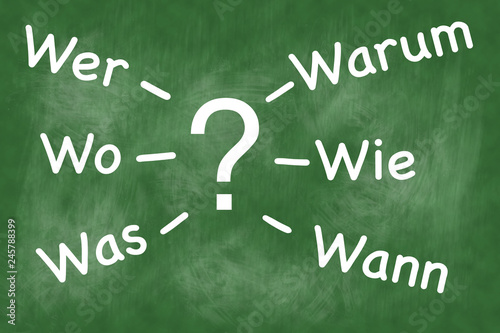 Tafel mit den 6 W-Fragen, als Konzept für Projektmanagement oder Recherche