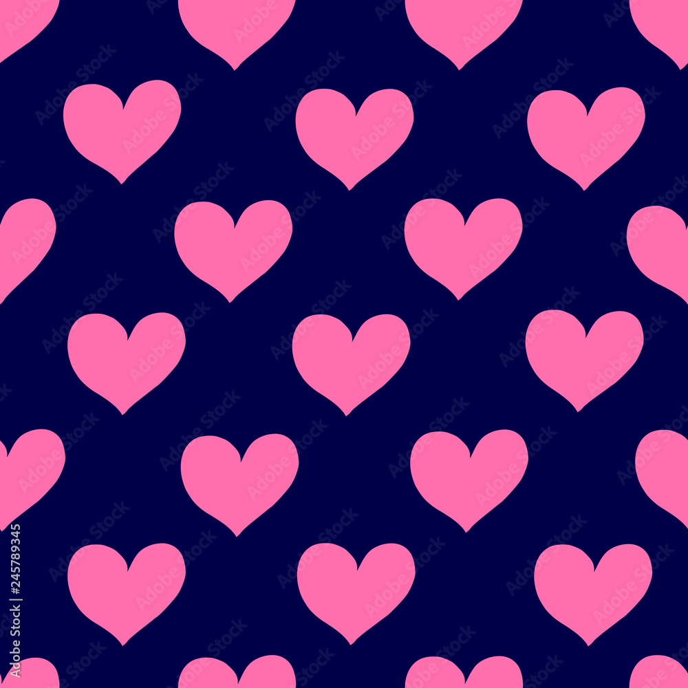 Cute seamless pattern with hearts in pink on navy blue background.