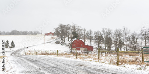 Panorma of winter scene of rural farm in Appalachia