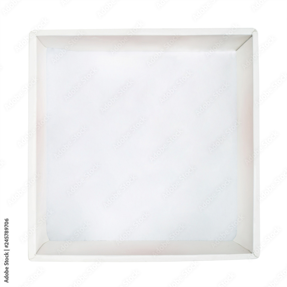 White square cardboard box isolated on white background. Flat lay. Top view White square cardboard box isolated on white background. Flat lay. Top view