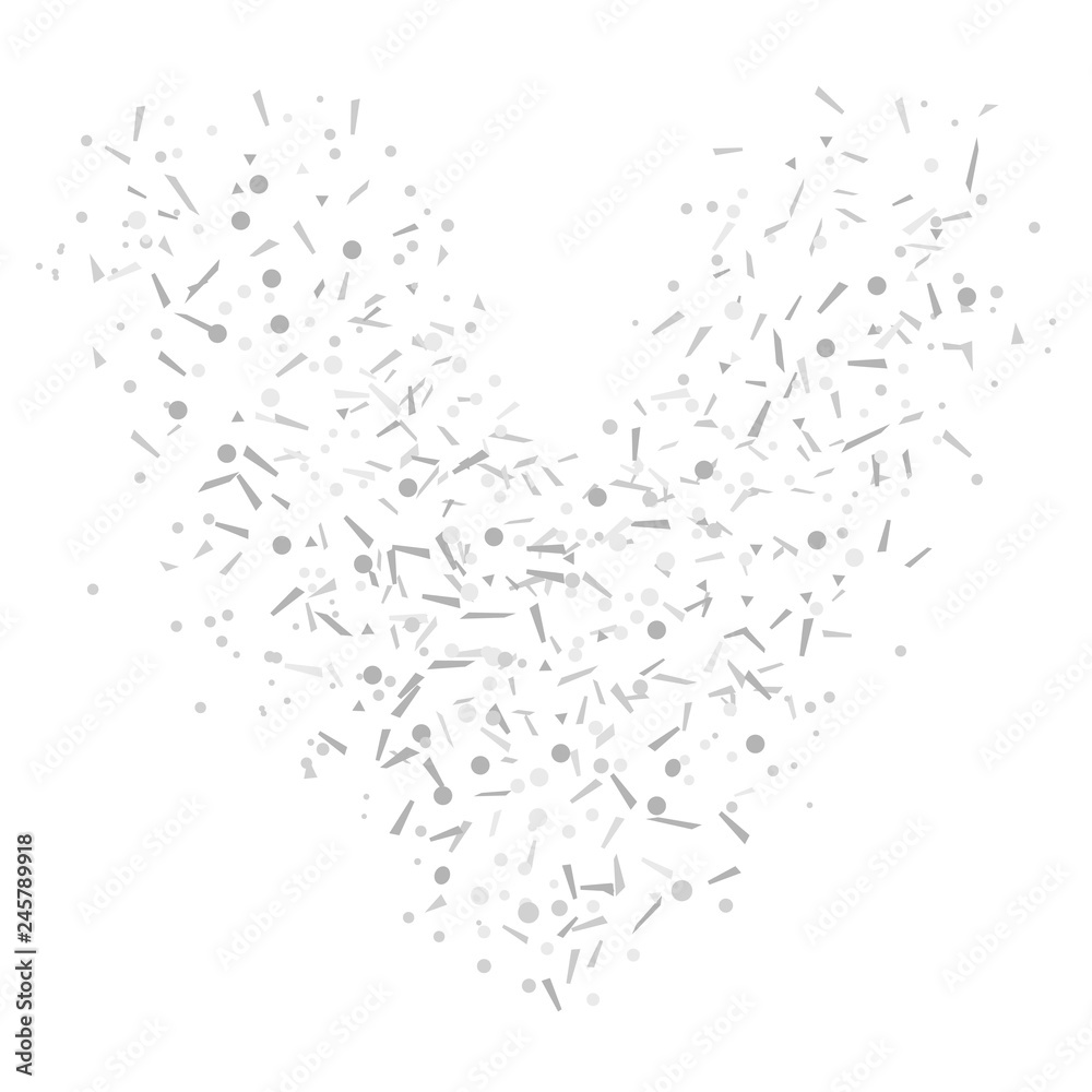 Heart from confetti on isolated white. Holiday background from geometric elements. Festive pattern for banners, posters and flyers. Doodle for design and business. Black and white illustration