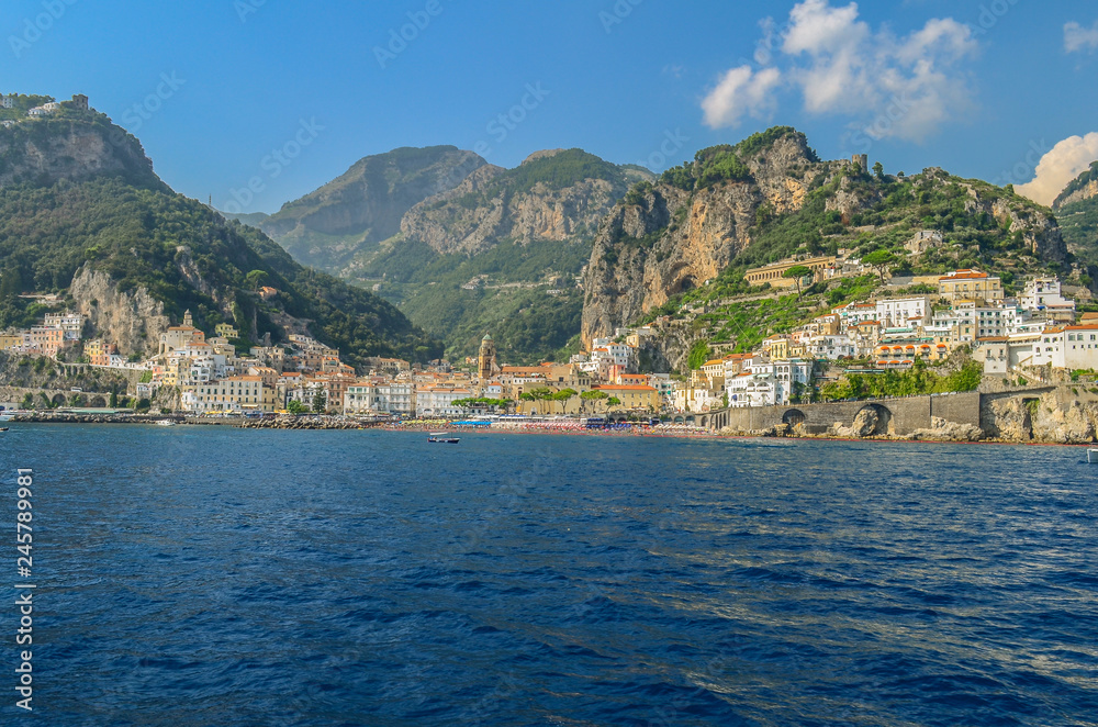 View of the Amalfi from the sea. Amalfi coast in Italy