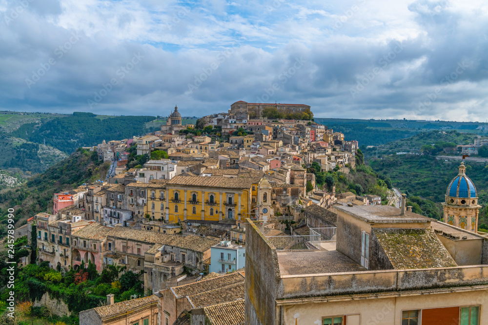 Aerial view of the ancient baroque city Ragusa Ibla in Sicily, Italy
