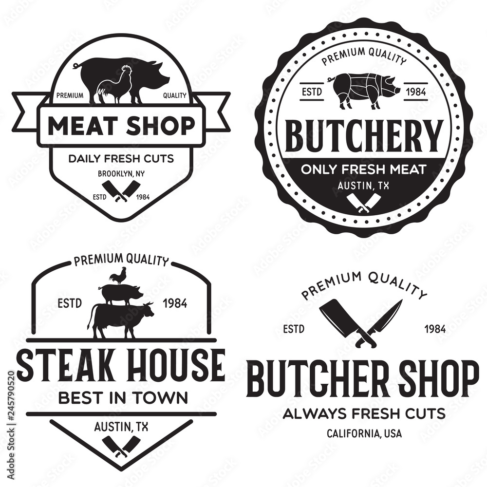 Set of Butcher Shop and Butchery hand written lettering logo, label, badge, emblem. Template for shop, cover, sticker, print, business works. Vintage retro style. Set of Butcher Shop and Butchery hand written lettering logo, label, badge, emblem. Template for shop, cover, sticker, print, business works. Vintage retro style.