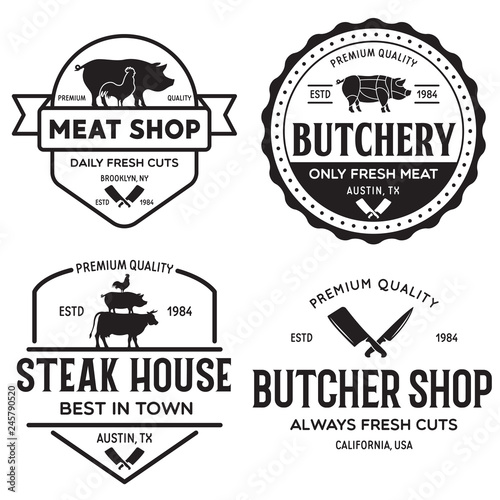 Set of Butcher Shop and Butchery hand written lettering logo, label, badge, emblem. Template for shop, cover, sticker, print, business works. Vintage retro style.
