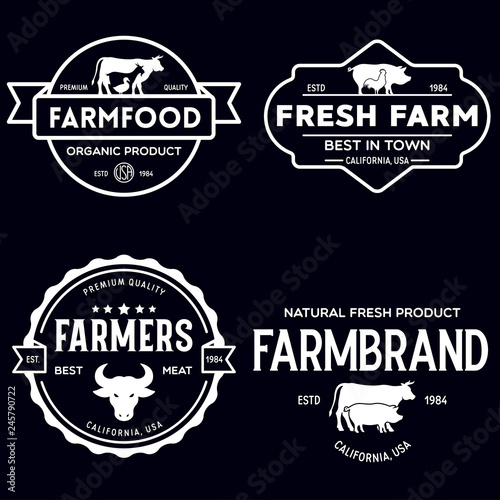 Farmers market logo templates stamps labels badges set. Trendy retro style logotypes, farm natural organic products food, animals, beef, goat, hen and pig silhouettes.