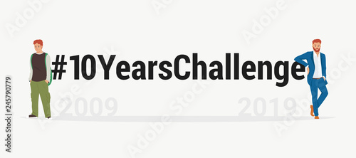 Hashtag 10 years challenge long landscape design. Concept flat vector illustration of young men standing near letters comparing the appearance and lifestyle before and after ten years