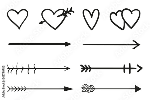 Infographic elements on isolation background. Hand drawn arrows and hearts on white. Abstract pointers. Line art. Set of different signs. Black and white illustration. Doodles for artwork