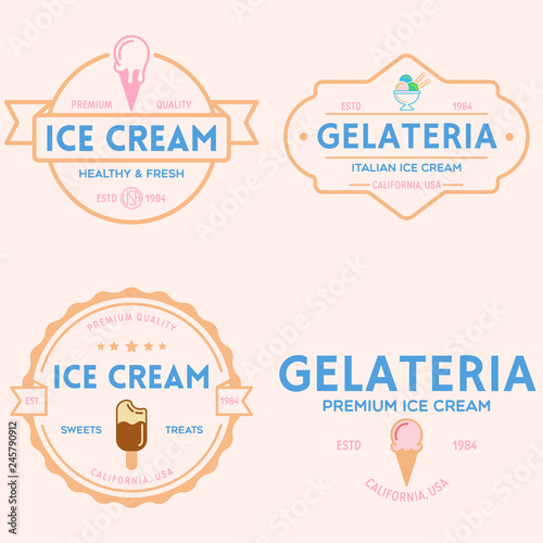 Set of vintage ice cream shop logo badges and labels, gelateria signs. Retro logotypes for cafeteria or bar.