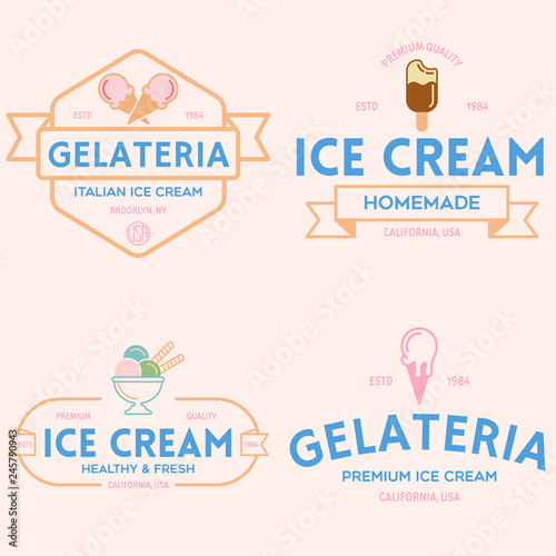 Set of vintage ice cream shop logo badges and labels, gelateria signs. Retro logotypes for cafeteria or bar.