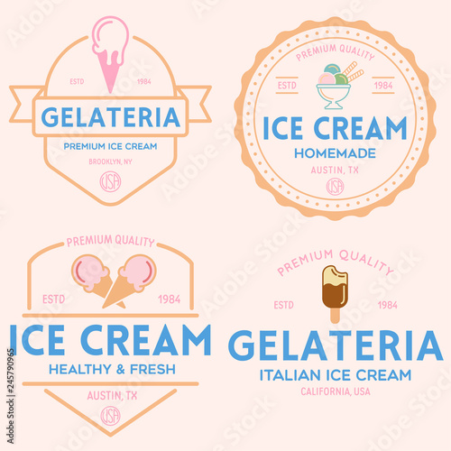 Set of vintage ice cream shop logo badges and labels, gelateria signs. Retro logotypes for cafeteria or bar.
