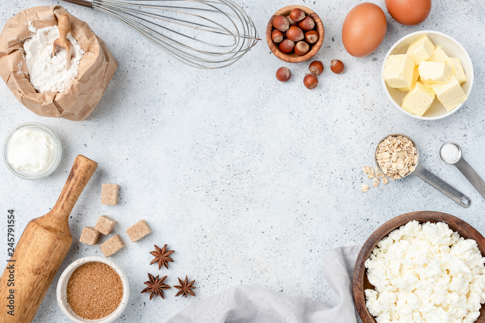 Baking concept, baking ingredients on background. Ingredients for baking  cake, cookies, bread or pastry. Frame of cooking kitchen utensils and food  Stock Photo | Adobe Stock