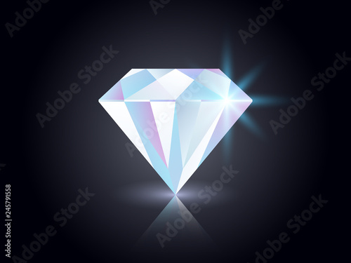 Diamond on dark background. Shining gemstone isolated on black. Realistic colorful jewel. Luxury element for magazine, advertisement, poster. Color gem concept with reflections. Vector illustration