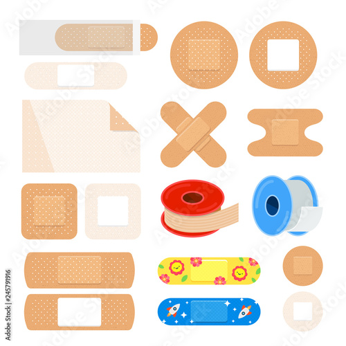 Vector set of different plasters. First aid equipment. 