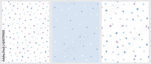 Set of 3 Hand Drawn Irregular Dots Patterns. Blue, Brown and Beige Dots on a White Background. Blue, White and Brown Dots on a Blue Background. Infantile Style Abstract Art. Cute Repeatable Design.