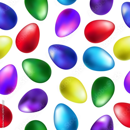 Happy Easter. Decorative seamless pattern with realistic colorful shine painted eggs. Invitation template. Beautiful festive background. Vector illustration greeting card, promotion, poster, flyer.