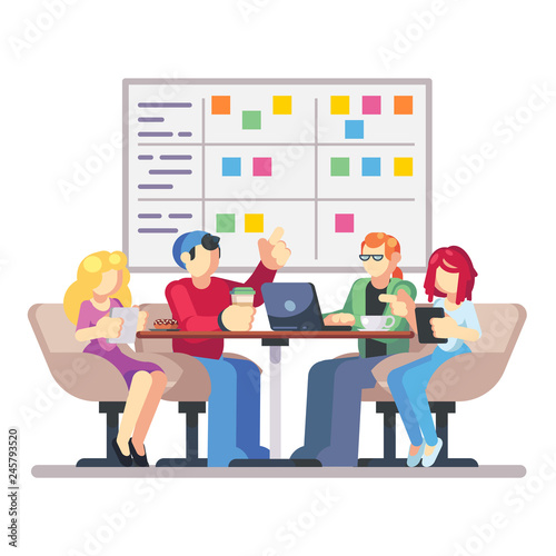 Team working together on a big IT startup business. Strategy planning meeting. SCRUM task board hanging in a team room full of tasks on sticky note cards. Flat style isolated vector illustration
