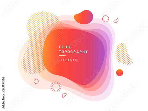 Layered fluid blobs. Yellow and red, violet geometric liquid topography. Abstract blurry free shapes gradient. Brush spot with dynamic colors and circles. Background template for flyer or banner