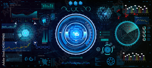 HUD Interface set for GUI, UI, UX design. Head-Up style, Technology elements set (space, dashboard, hologram, spaceship, medicine, finance, analytics) Mechanical scheme HUD electric field. Vector 
