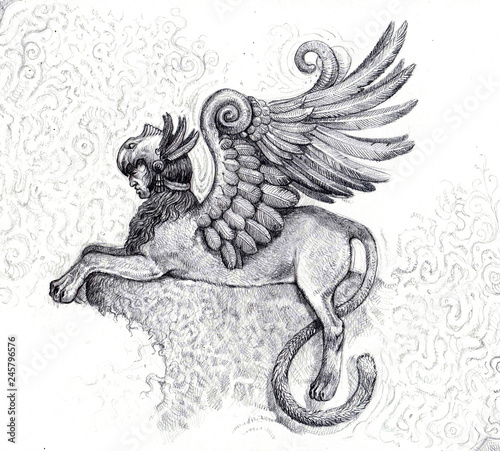 Legendary creature - Sphinx. Mythical creature drawing. 