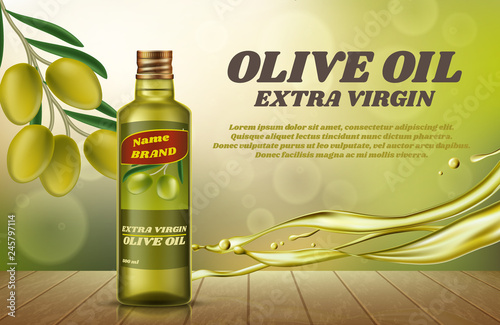 A bottle of olive oil on bokeh background. Vector flyer