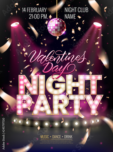 Night party background for flyer, banner, advertisement, invitation to disco night party.Valentines Day event. Scene illuminated by spotlights and disco ball