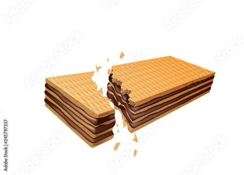 Chocolate wafer breaking, on a white background. Vector illustration