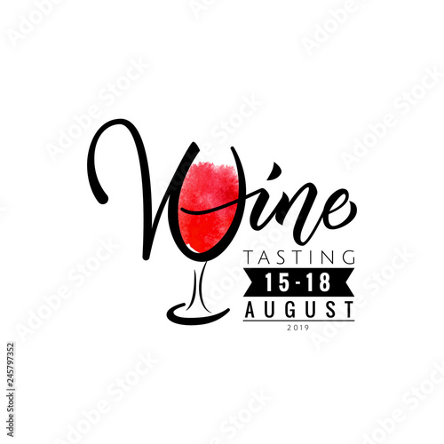 Wine tasting invitations template. Lettering Wine for logo or your ad. Watercolor stains in red color