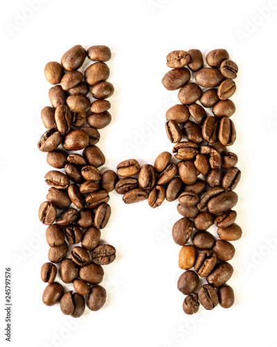 H letter made from coffee beans isolated on white background