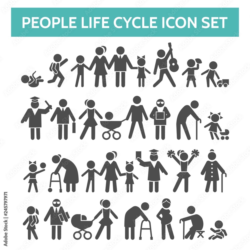 People life cycle icons. Vector illustration of person growing up from baby to old age human isolated on white background People life cycle icons. Vector illustration of person growing up from baby to old age human isolated on white background
