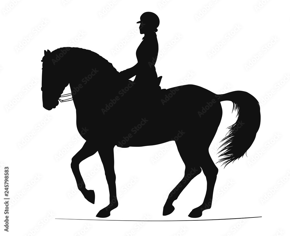 Equestrian, dressage. Silhouette of a rider and horse execute the piaffe. Equestrian, dressage. Silhouette of a rider and horse execute the piaffe.