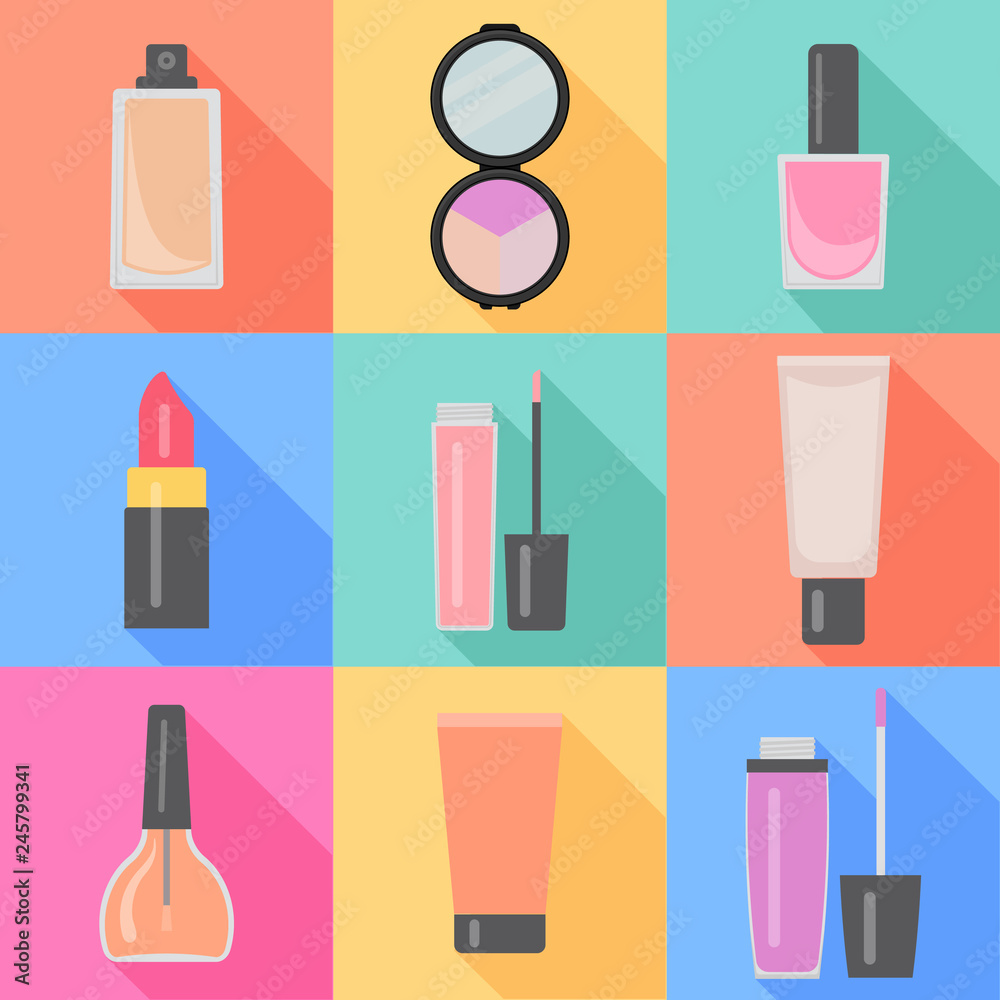 Set of nine makeup items in flat style with shadow Set of nine makeup items in flat style with shadow